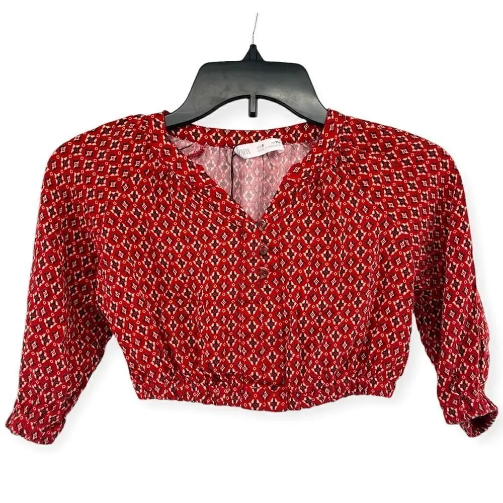 Zara Girl’s Red Abstract Aztec Print 100% Viscose Pullover Cropped Top Size 6